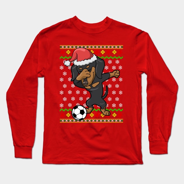 Soccer Dabbing Dachshund Dog Ugly Christmas Sweater Long Sleeve T-Shirt by E